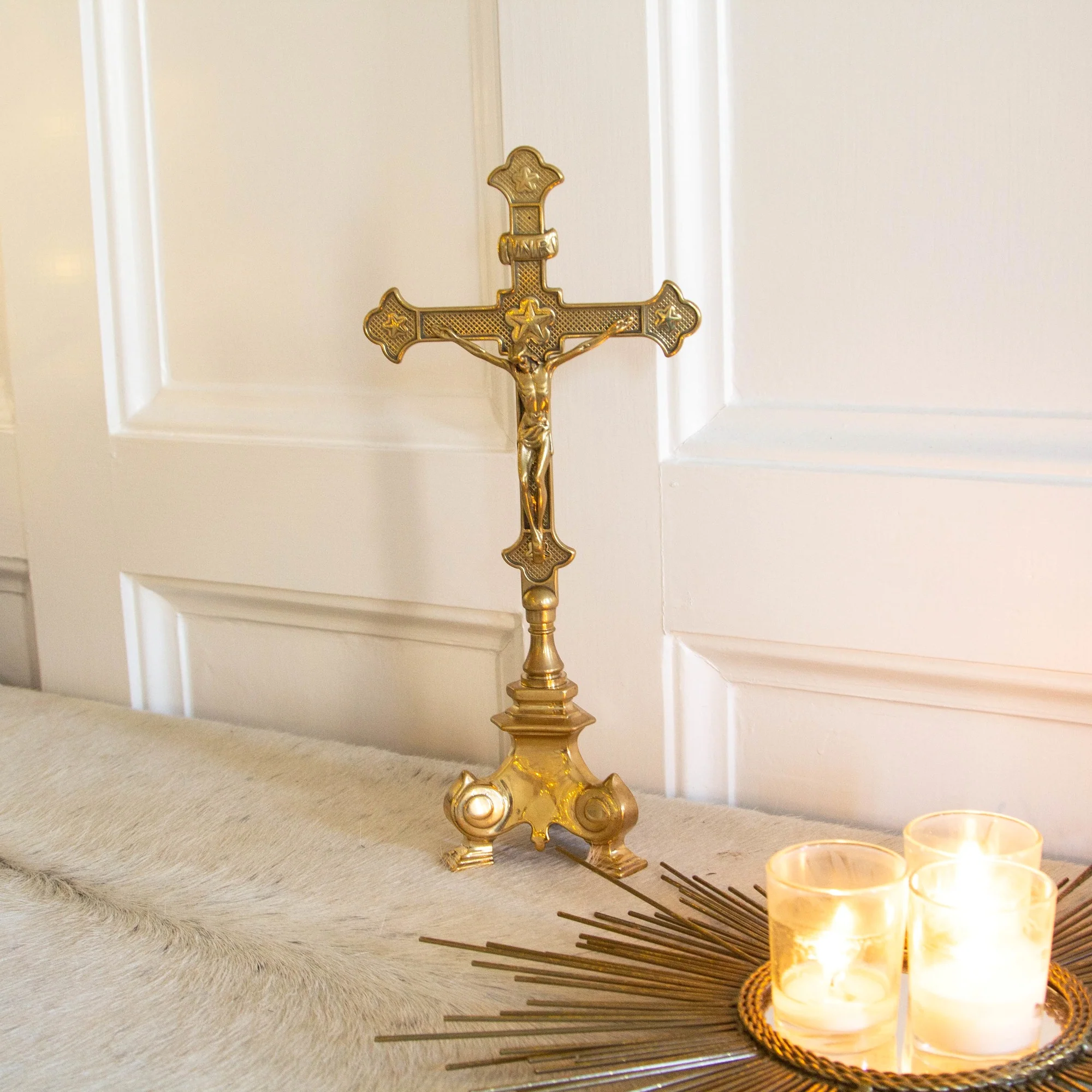 Heavy Three Point Brass Base Crucifix - 13 1/4 inches