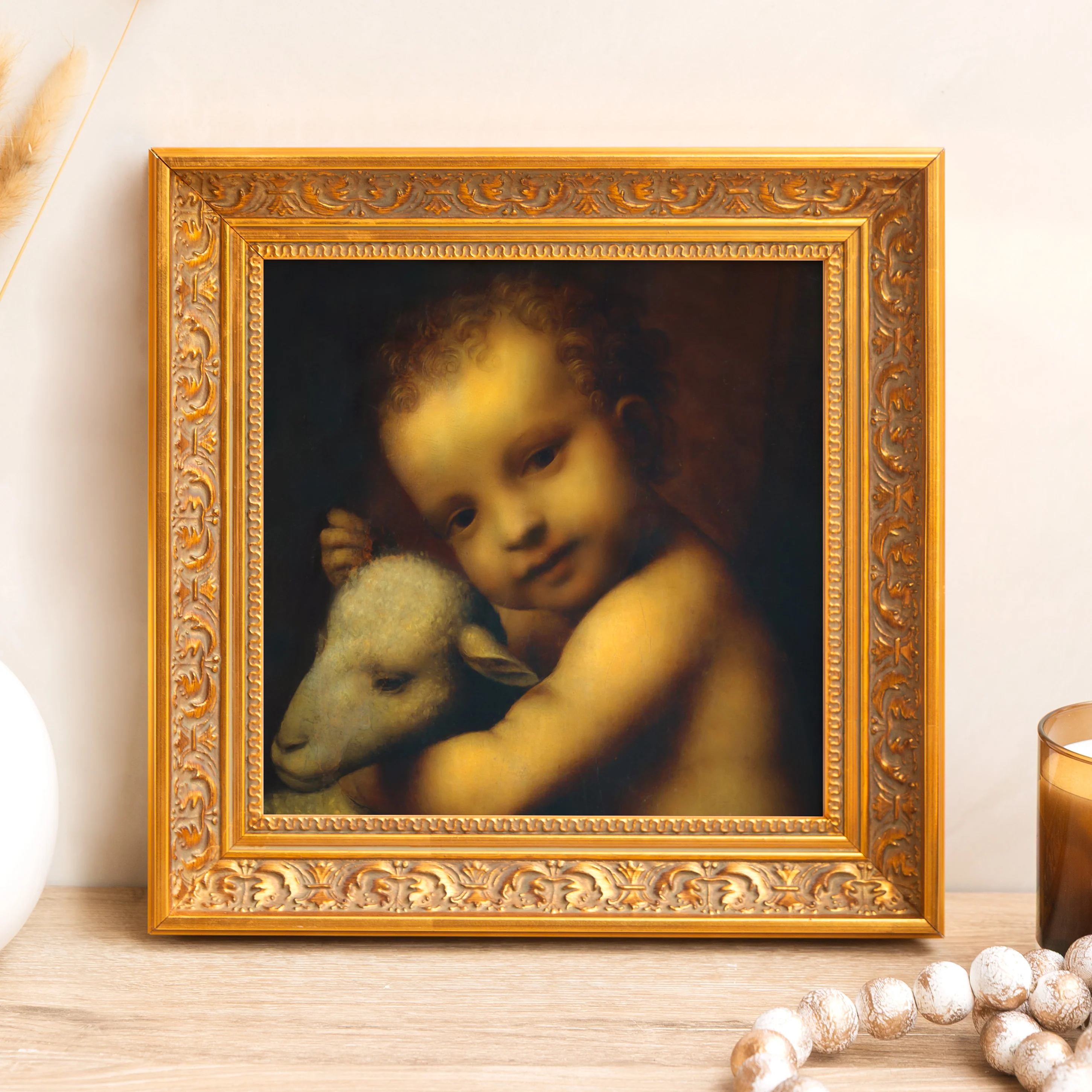 Infant Jesus with a Lamb Framed Canvas - Sacred Mini Collection