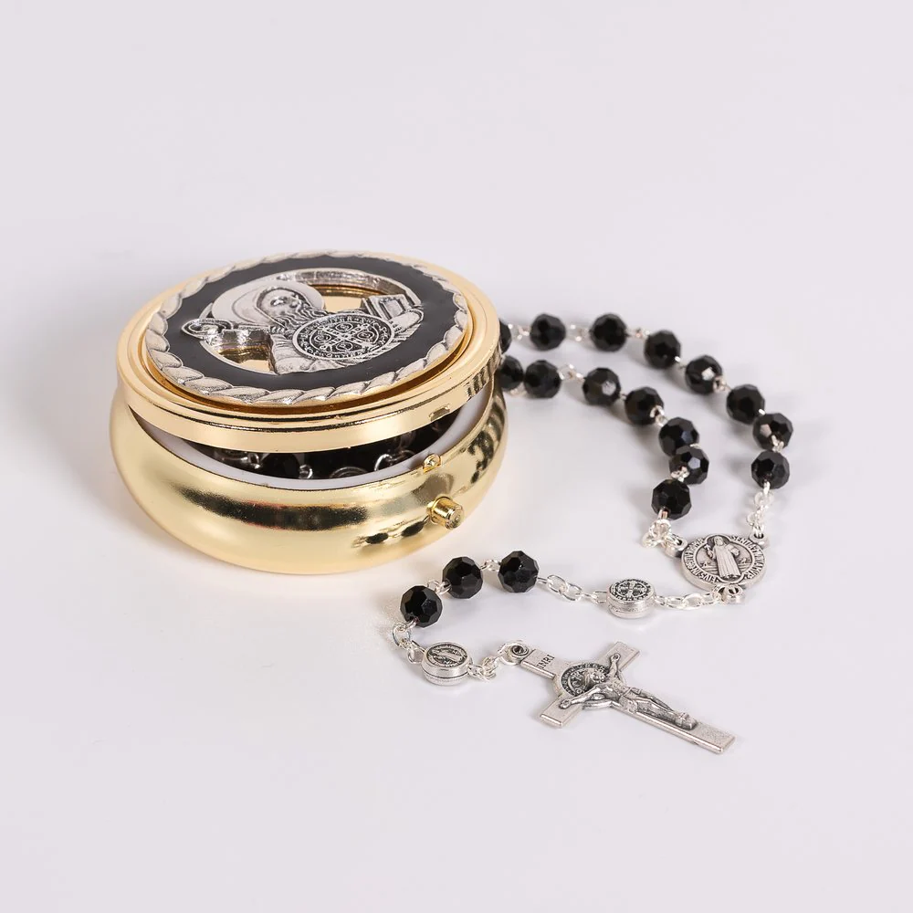 Italian Gray Glass St. Benedict Rosary & St. Benedict Rosary Box Set - Image 2