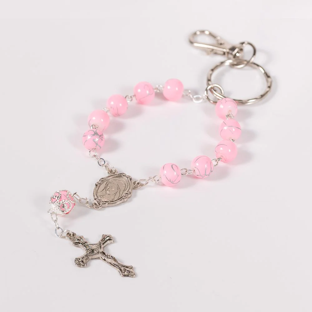Italian Marbled Silver & Pink Bead Clip-On Decade Rosary - Image 2