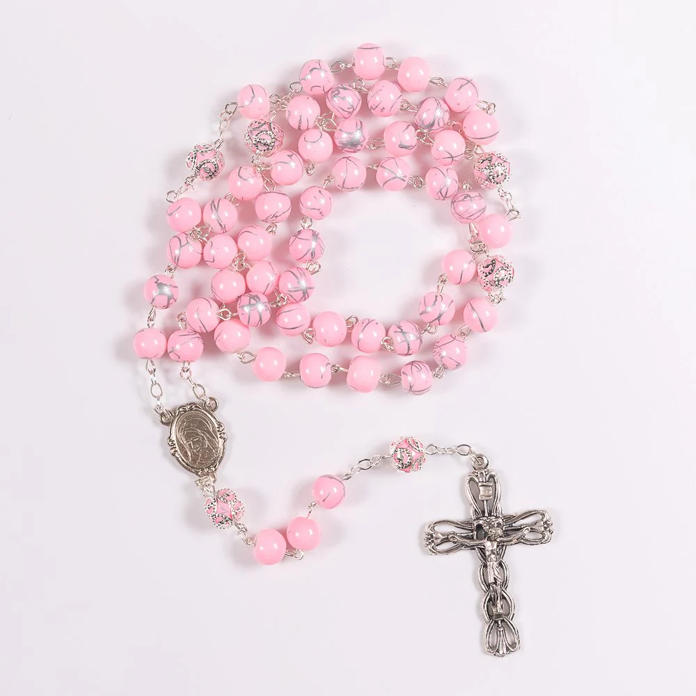 Italian Marbled Silver & Pink Bead Rosary