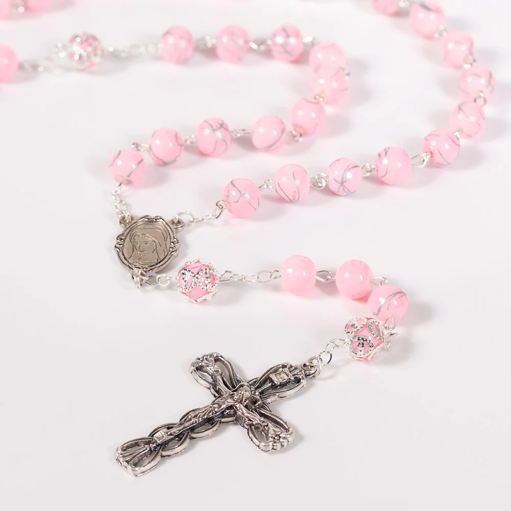 Italian Marbled Silver & Pink Bead Rosary - Image 3