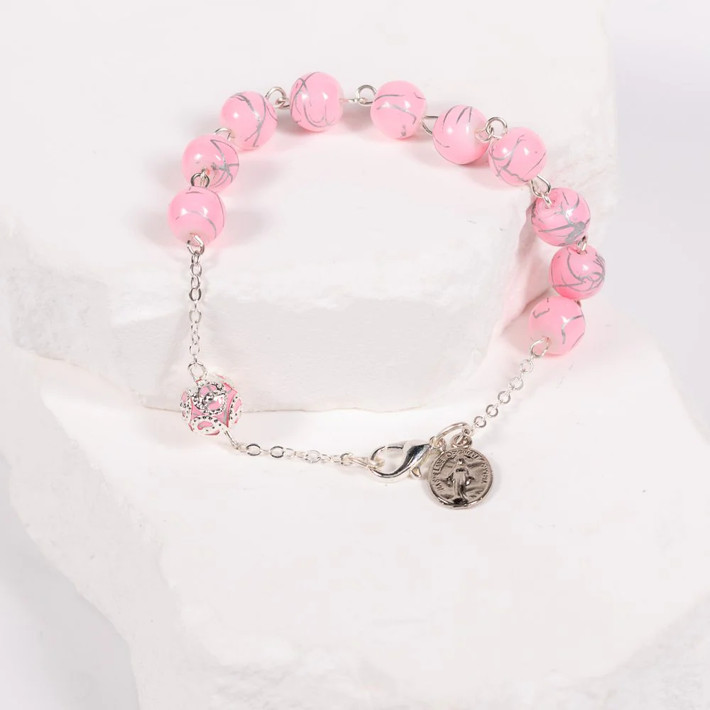 Italian Marbled Silver & Pink Bead Rosary Bracelet - Image 3