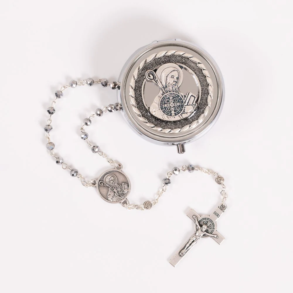 Italian Silver Glass St. Benedict Rosary & St. Benedict Rosary Box Set