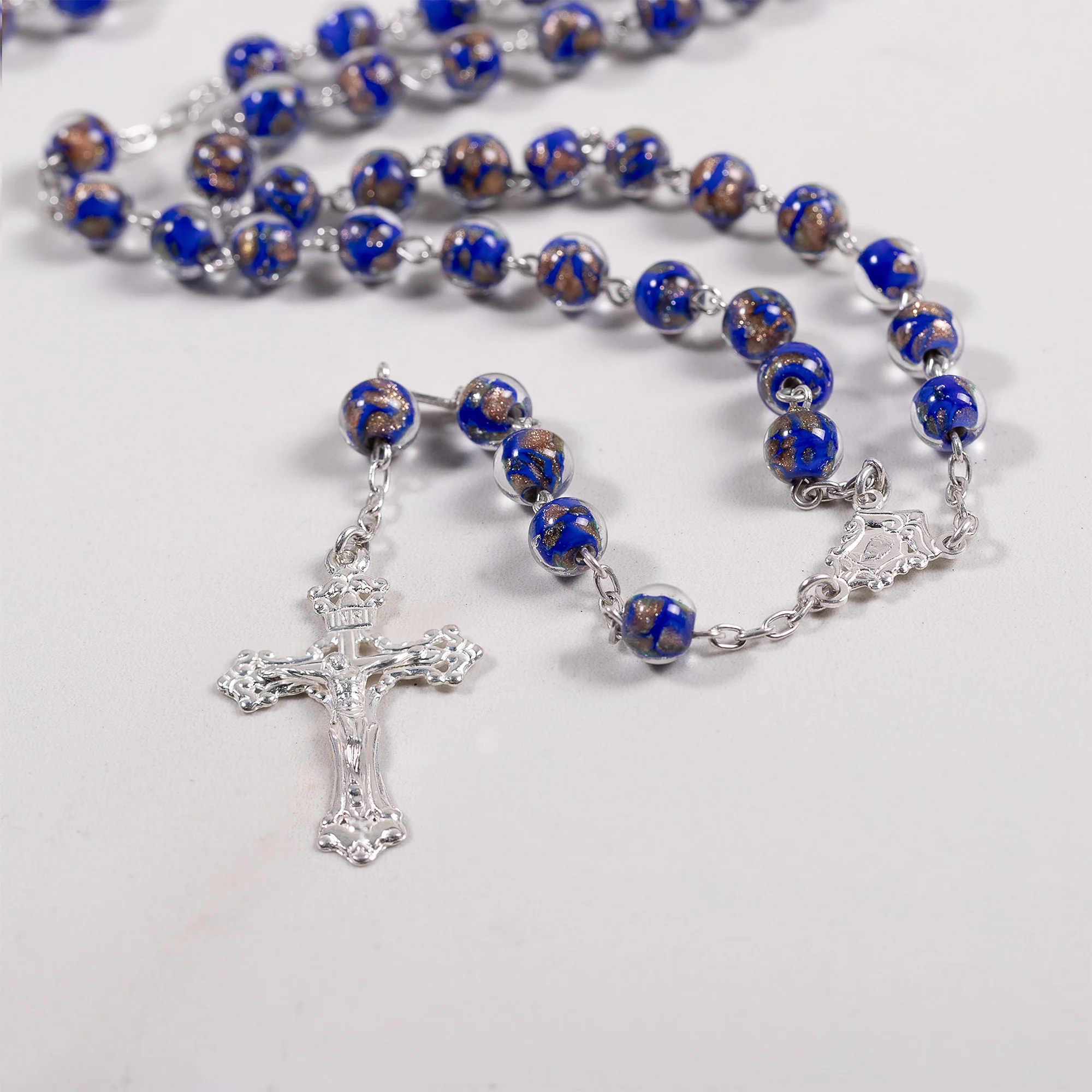 Italian Sterling Blue & Gold Glass Rosary - Image 2
