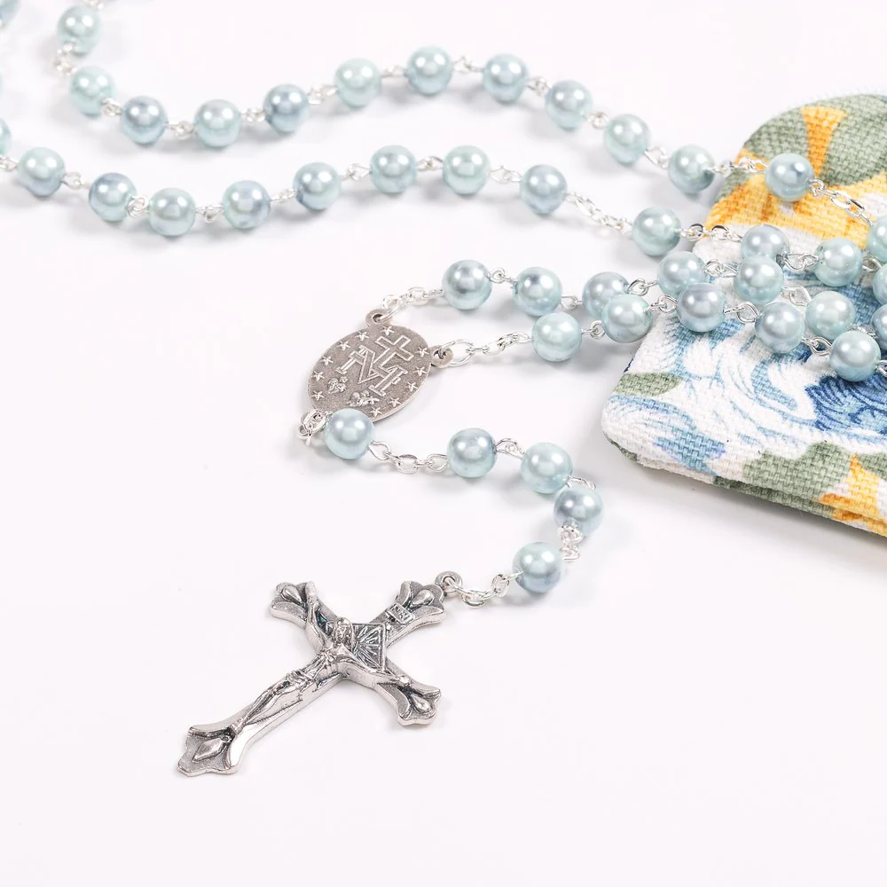 Marian Blue Pearl Rosary in Rose Garden Pouch - Image 2