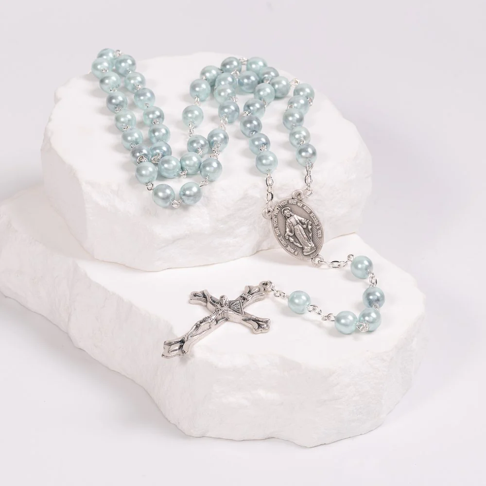 Marian Blue Pearl Rosary in Rose Garden Pouch - Image 3