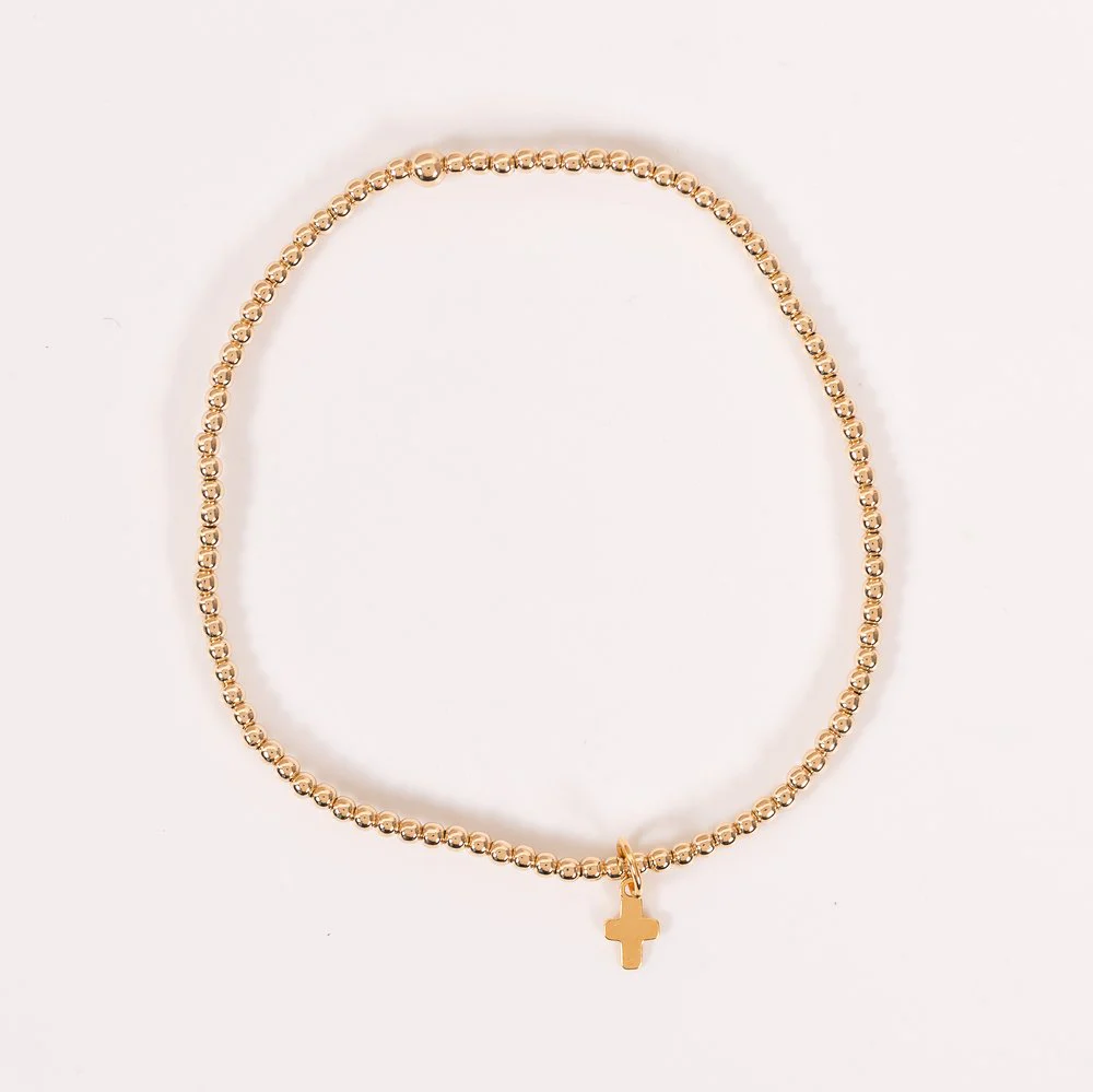 14 KT Gold Filled Mini Cross Charm Beaded Stretch Bracelet