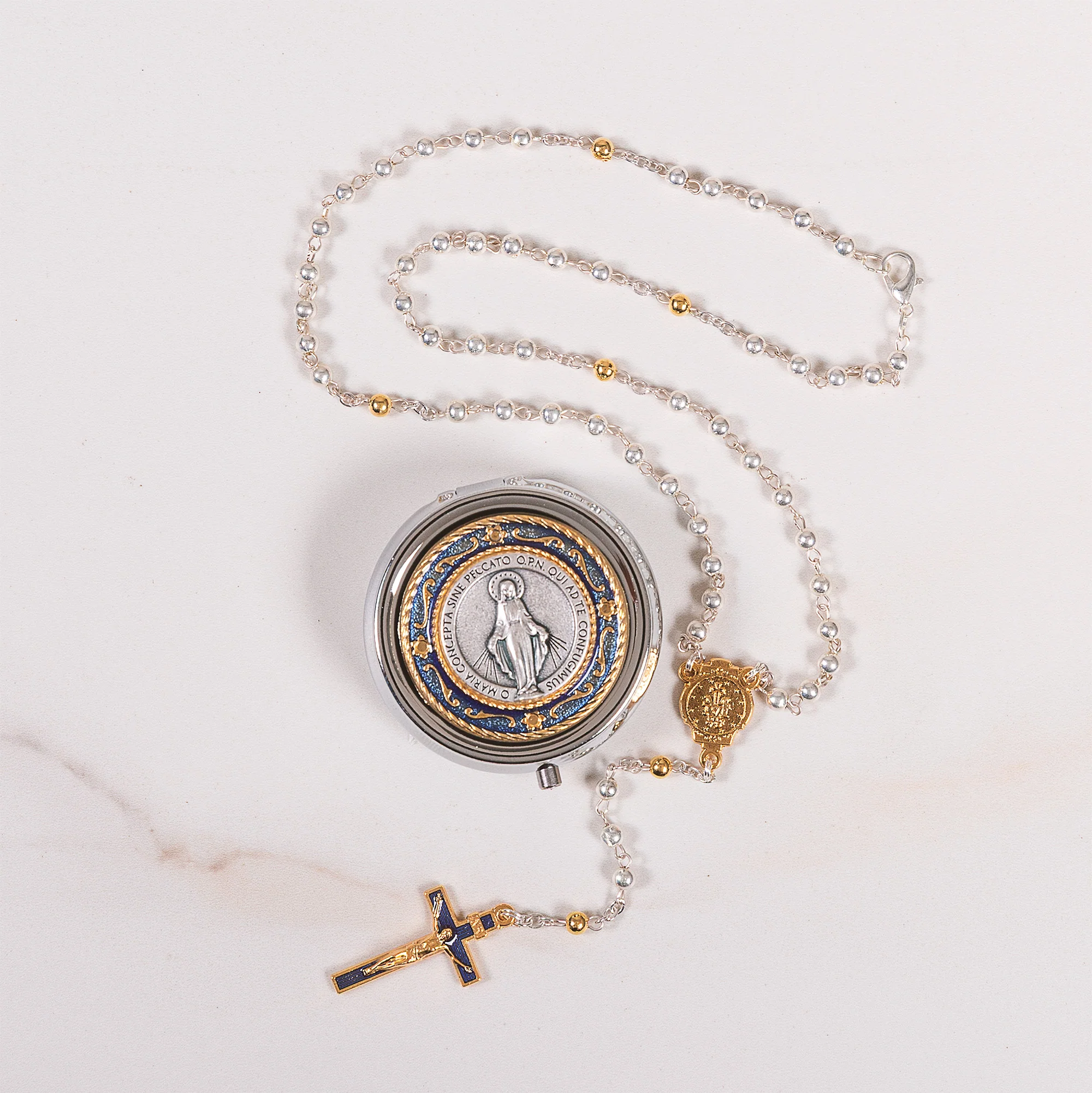 Miraculous Medal & Blue Enamel Rosary with Matching Case - Silver or Two Tone - Image 5
