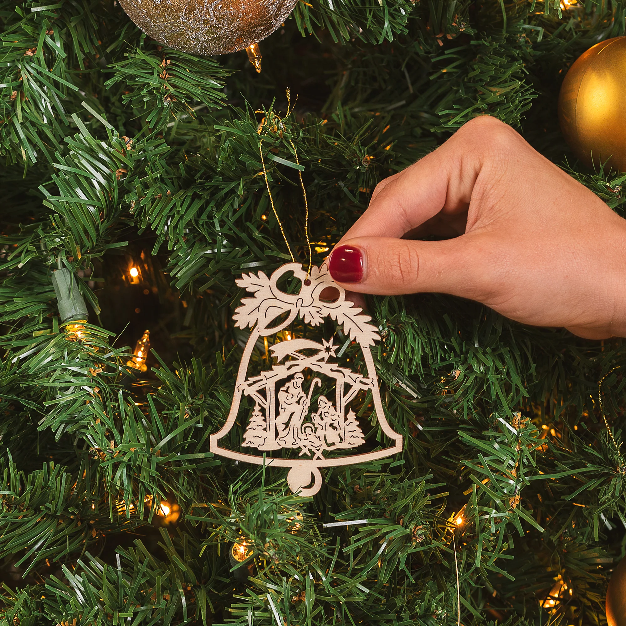 Natural Laser Cut Wood Bell & Nativity Ornament - Image 2