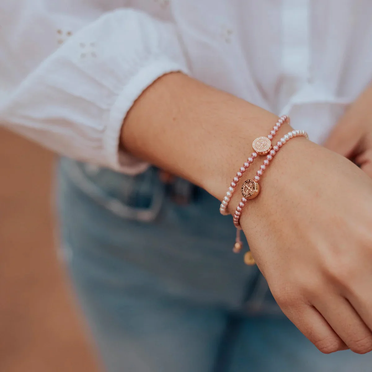 Ombré Pink Pearl & Rose Gold Cross Bracelet