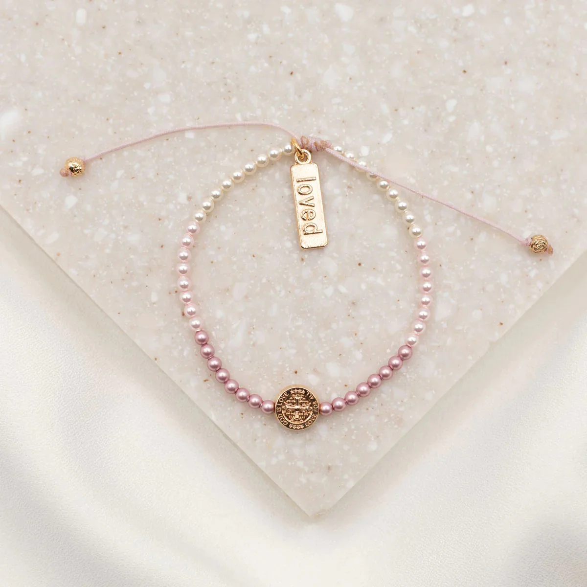 Ombré Pink Pearl & Rose Gold Cross Bracelet - Image 2
