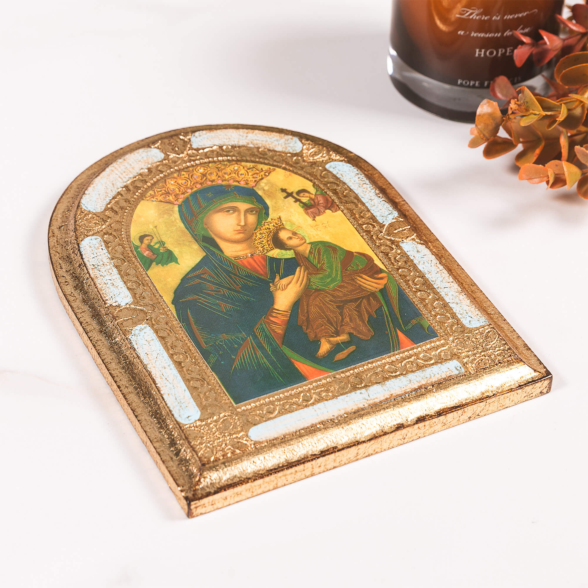 Our Lady of Perpetual Help Gold & Blue Arched Florentine Plaque - 8" x 6" - Image 2