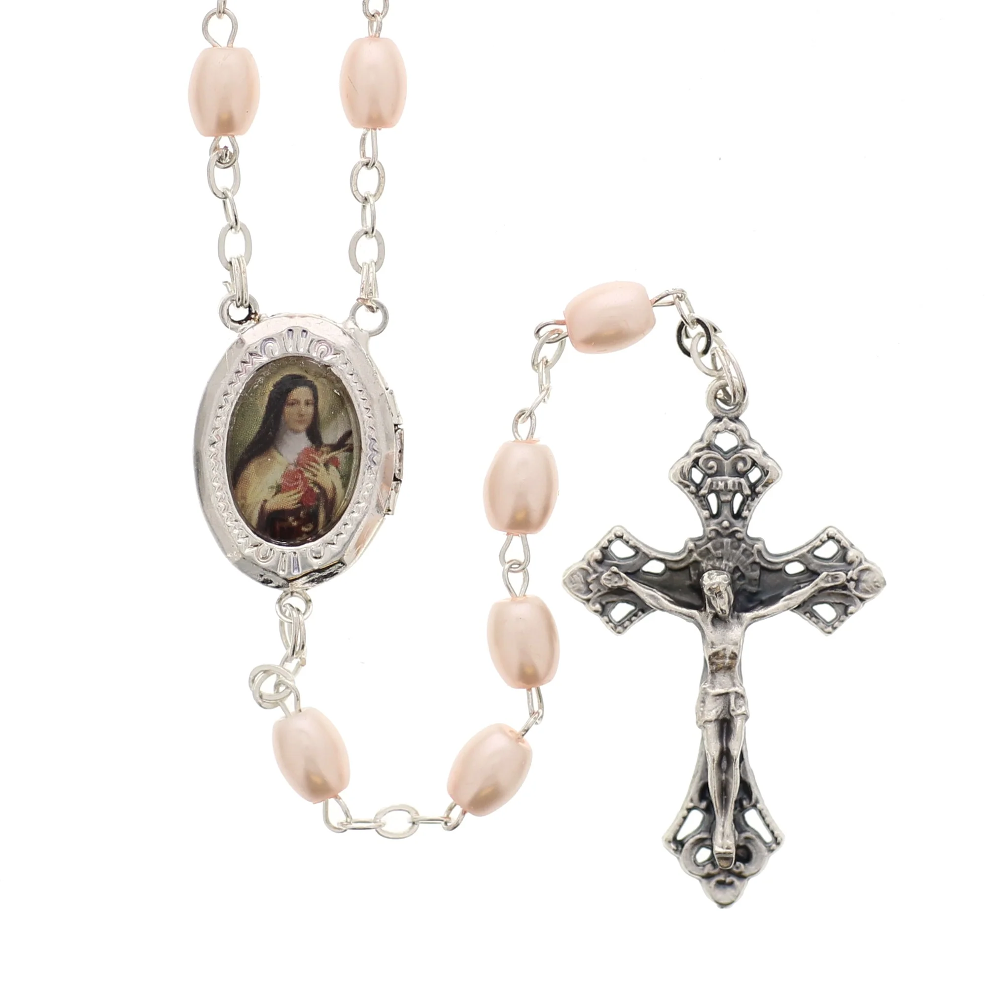 Pale Pink St. Therese Locket Rosary