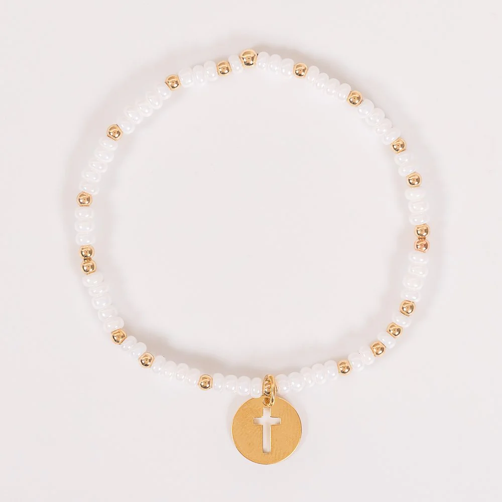 14 KT Gold Filled Pearl & Gold Bead Cross Cutout Charm Bracelet