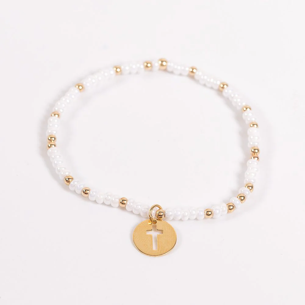14 KT Gold Filled Pearl & Gold Bead Cross Cutout Charm Bracelet - Image 2