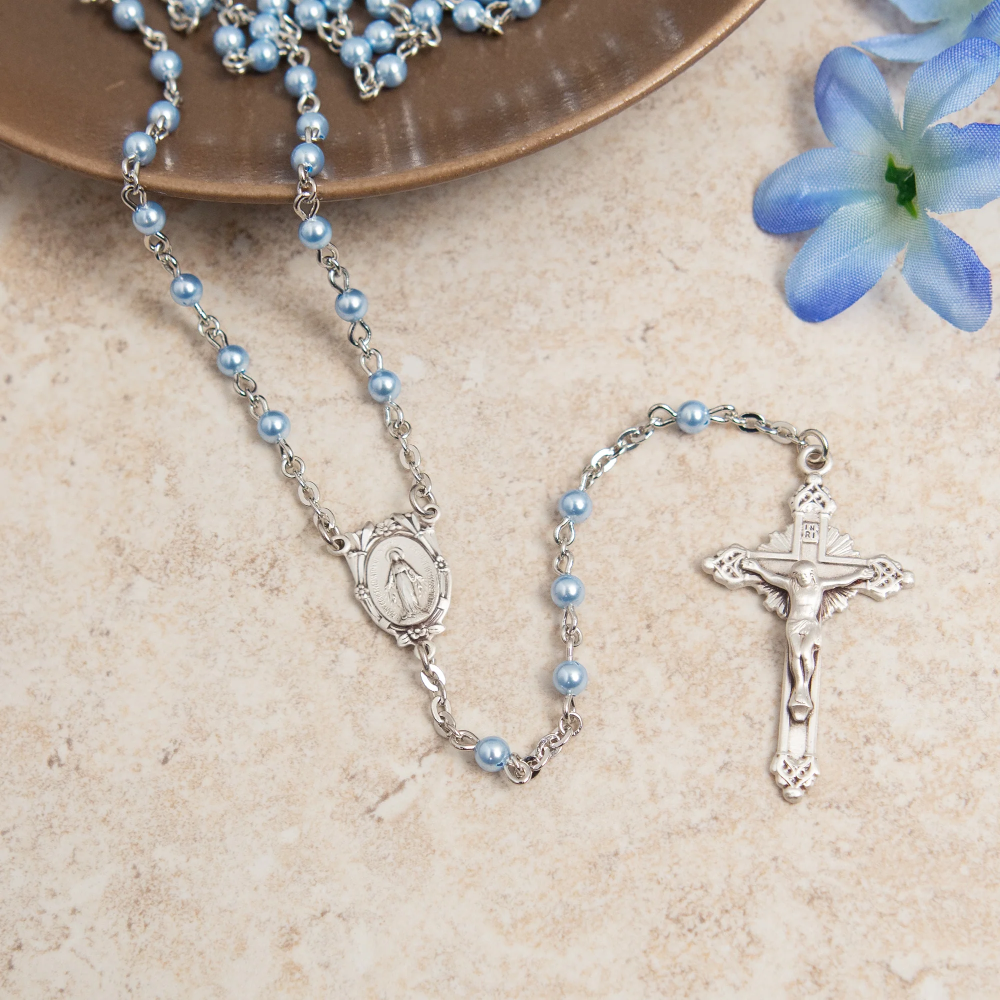 Pearl Swarovski Sterling Silver Rosary - Blue or Pink
