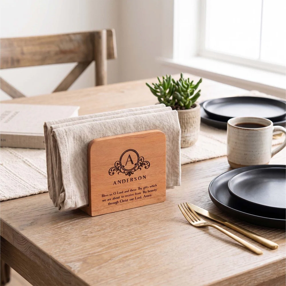 Personalized Bless Us O Lord Wooden Napkin Holder - Image 4