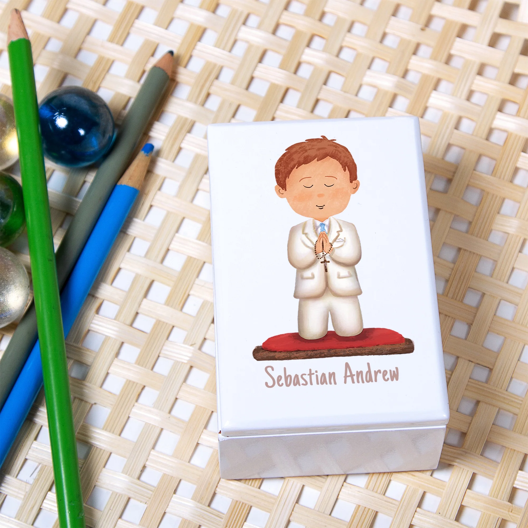 Personalized First Communion White Keepsake Box for Boys - Image 5