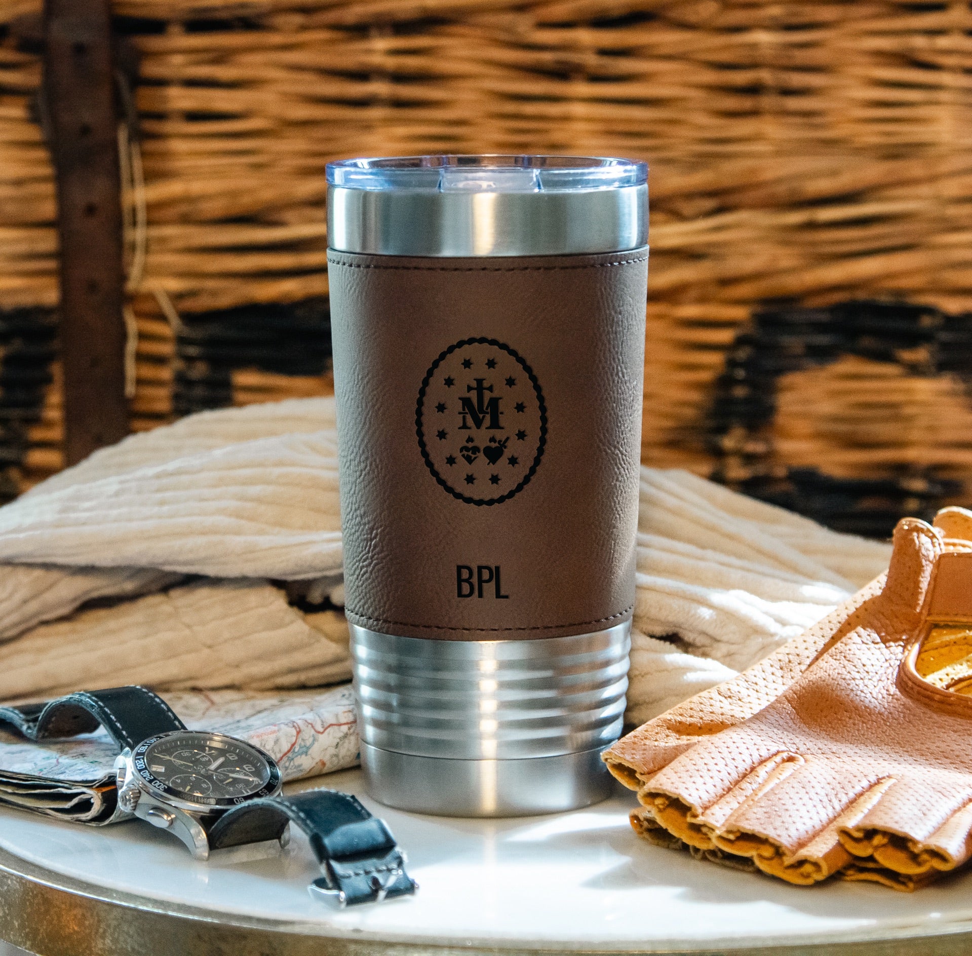 Personalized Miraculous Medal Stainless Steel & Leather Tumbler