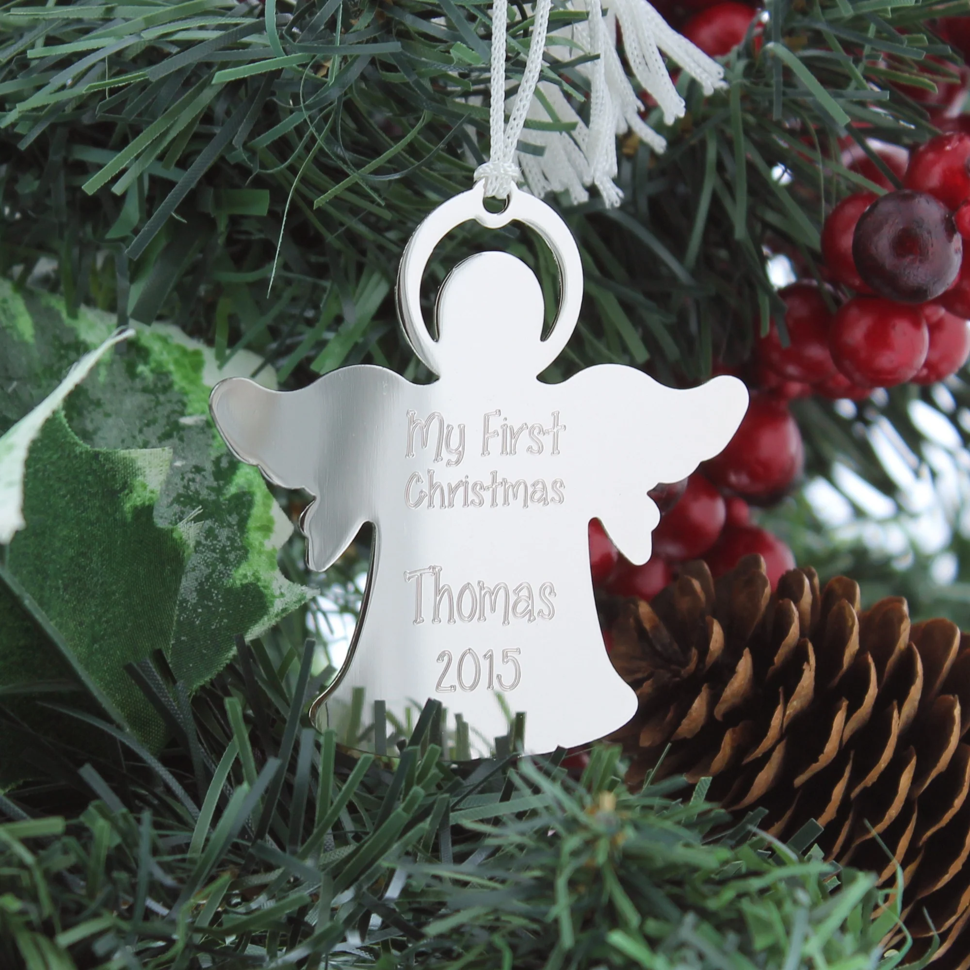 Personalized New Baby Silver Angel Ornament