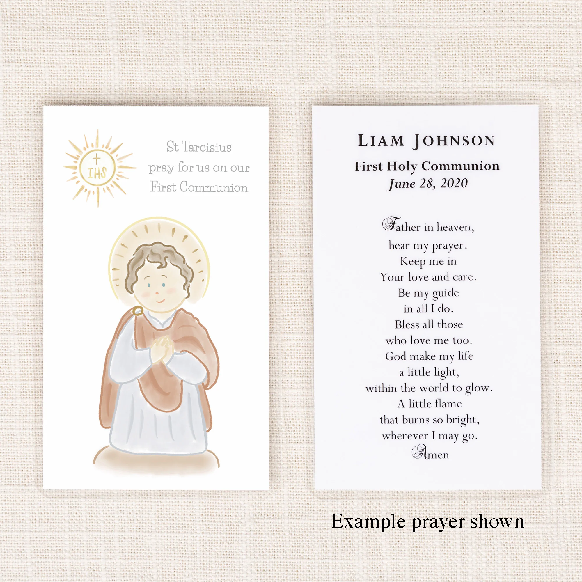 Laminated Personalized St. Tarcisius First Communion Prayer Card