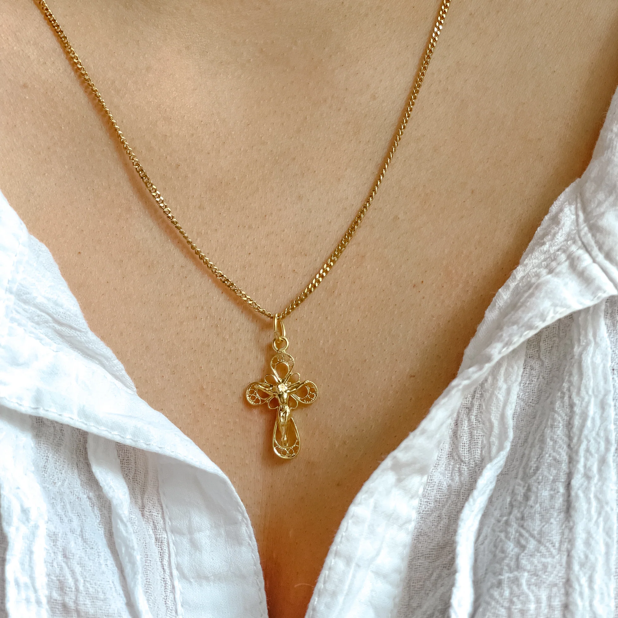Petite Gold Over Silver Filigree Crucifix Necklace - Image 3