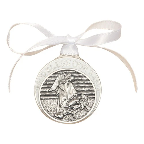 Pewter Baby in Manger Crib Medal on White Satin Ribbon - Image 2
