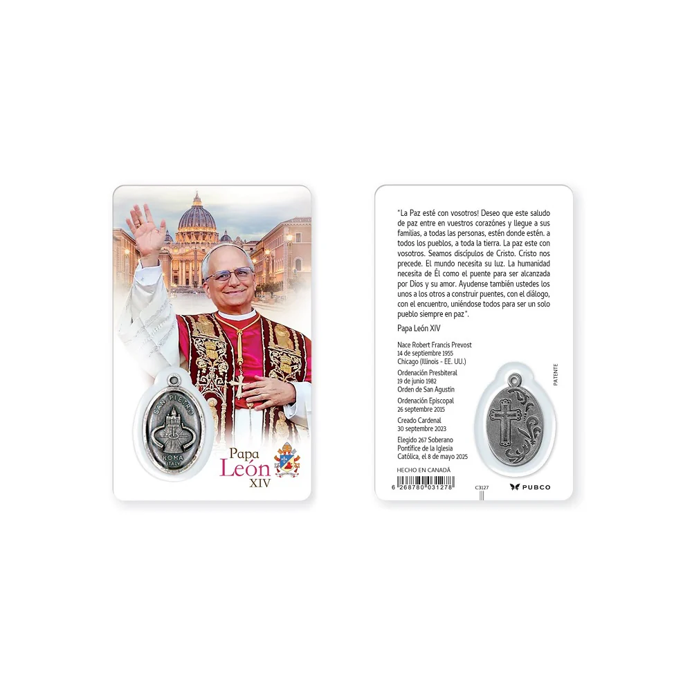 Pope Leo Prayer Card with St. Peter's Basilica Medal - Image 2