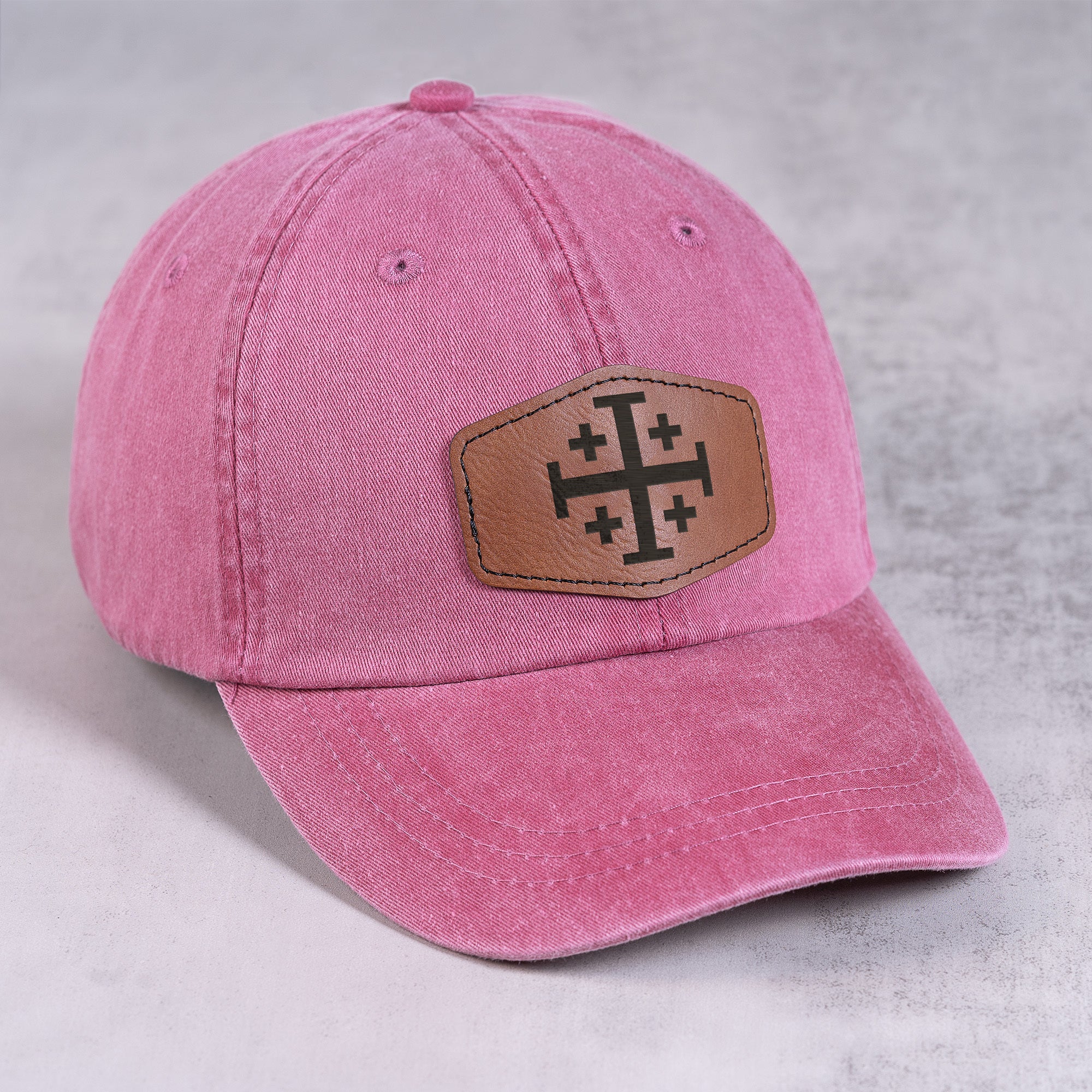 Red Jerusalem Cross Leather Patch Ball Cap - Image 2
