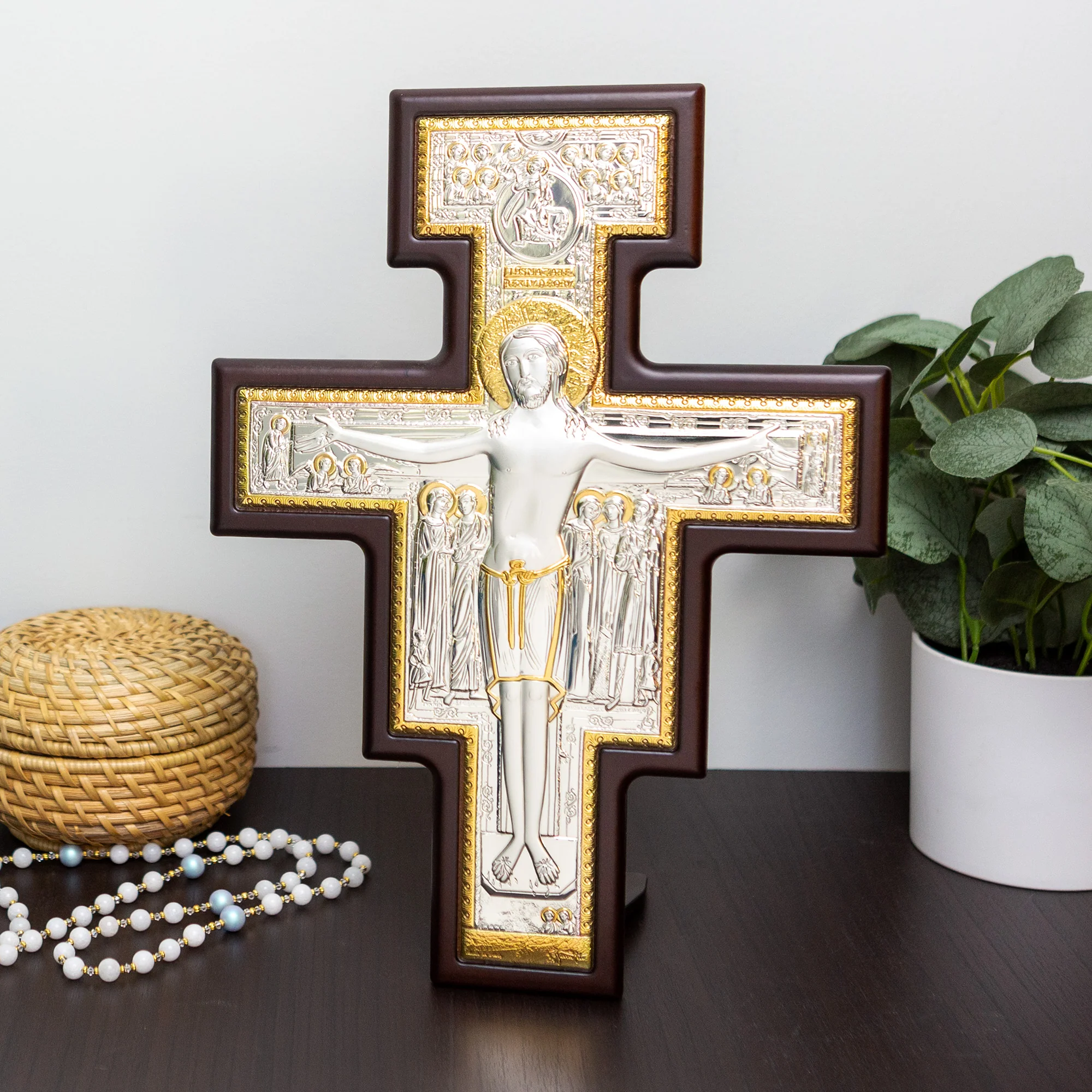 San Damiano Crucifix with Silver & Gold Accents - 12.5" - Image 3