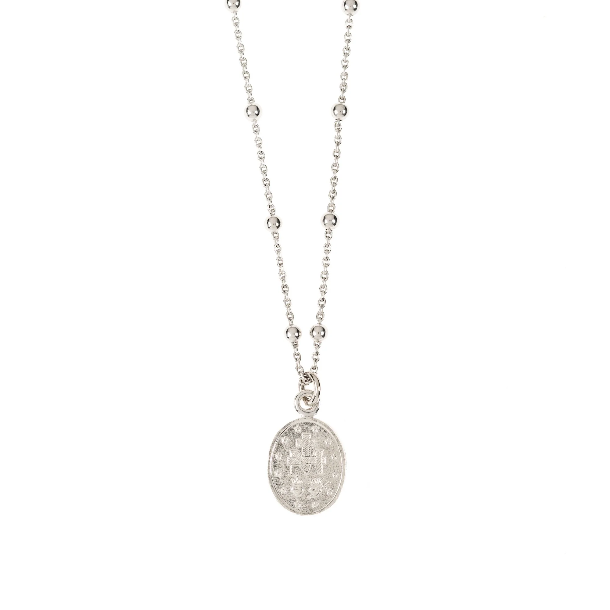 Silver Miraculous Medal Beaded Chain Necklace - Image 2