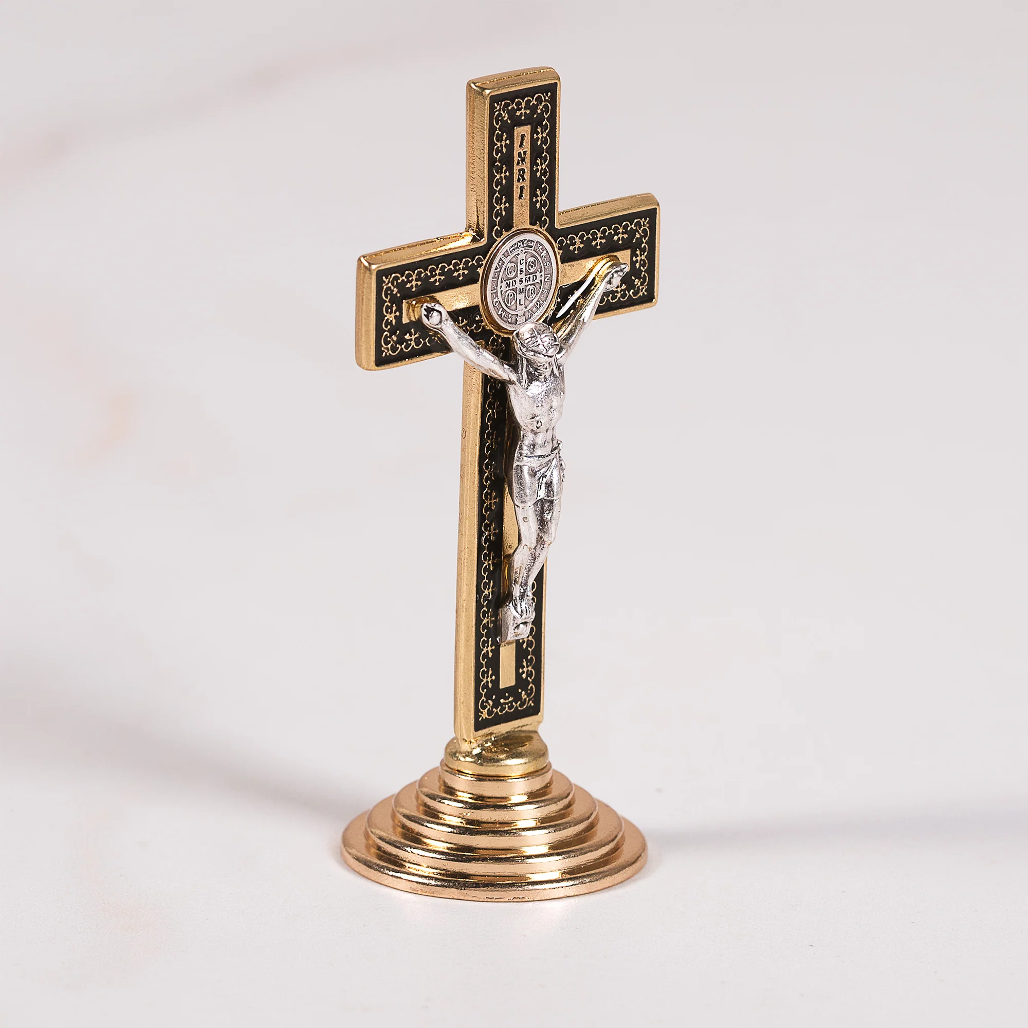 St. Benedict Desk Crucifix - Gold/Black or Silver - Image 2