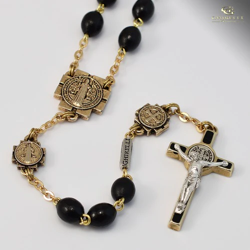 St. Benedict Gold Plated Black Rosary - Image 2
