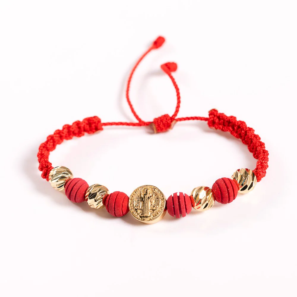 St. Benedict Red Cord Bracelet with Gold Medal - Image 3