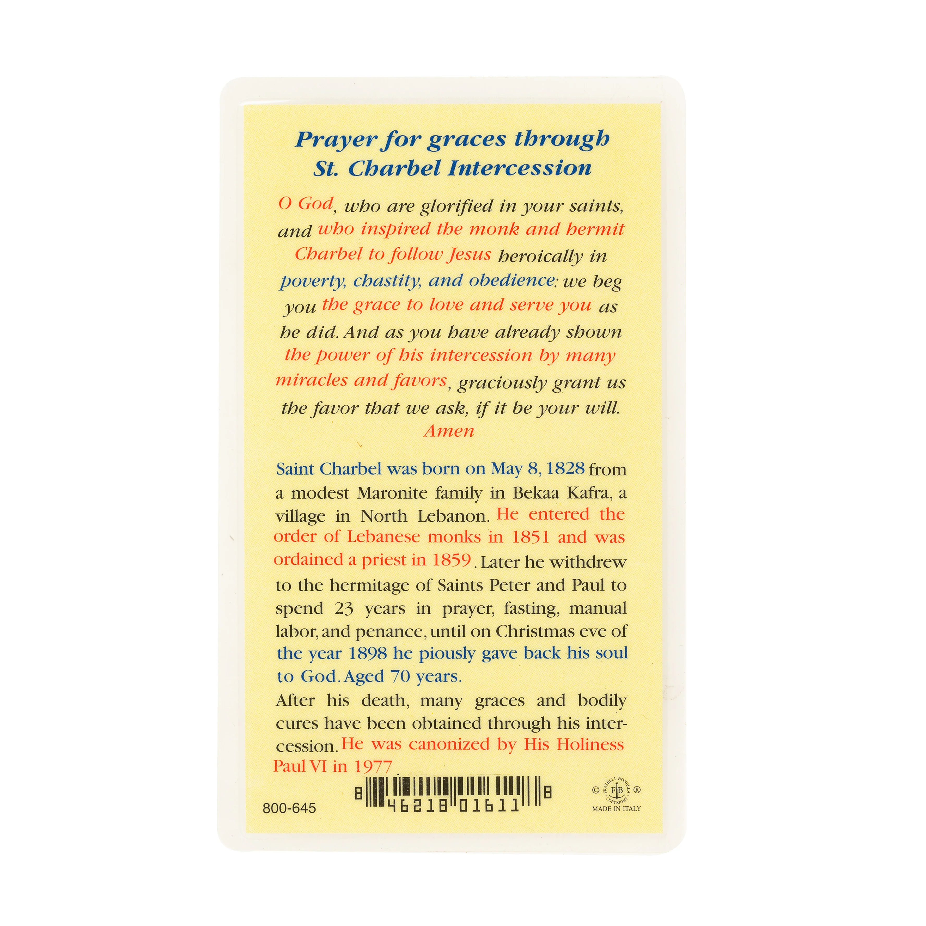 St. Charbel - Prayer Card - Image 2