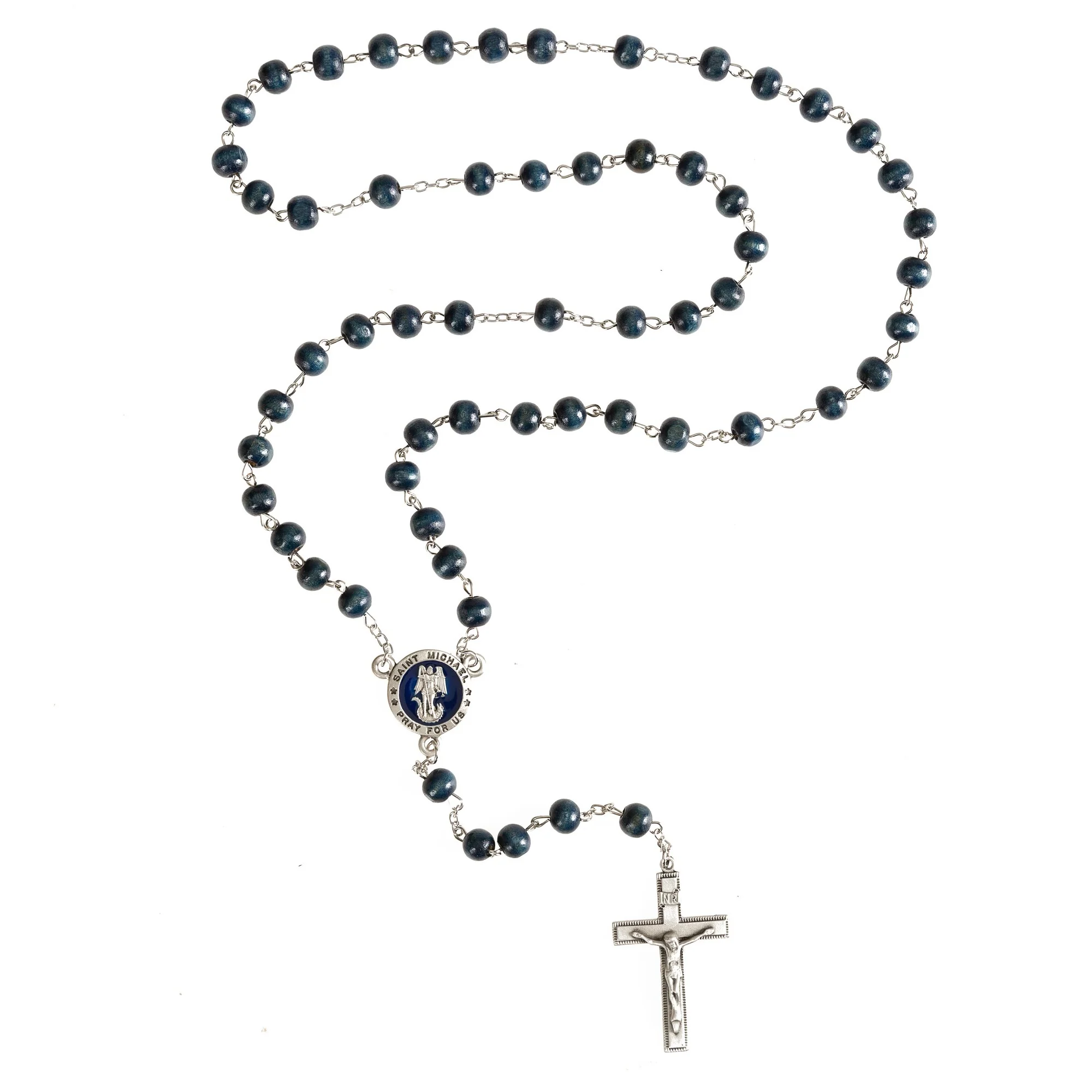 St. Michael Blue Wood Rosary with Round Center - Image 2