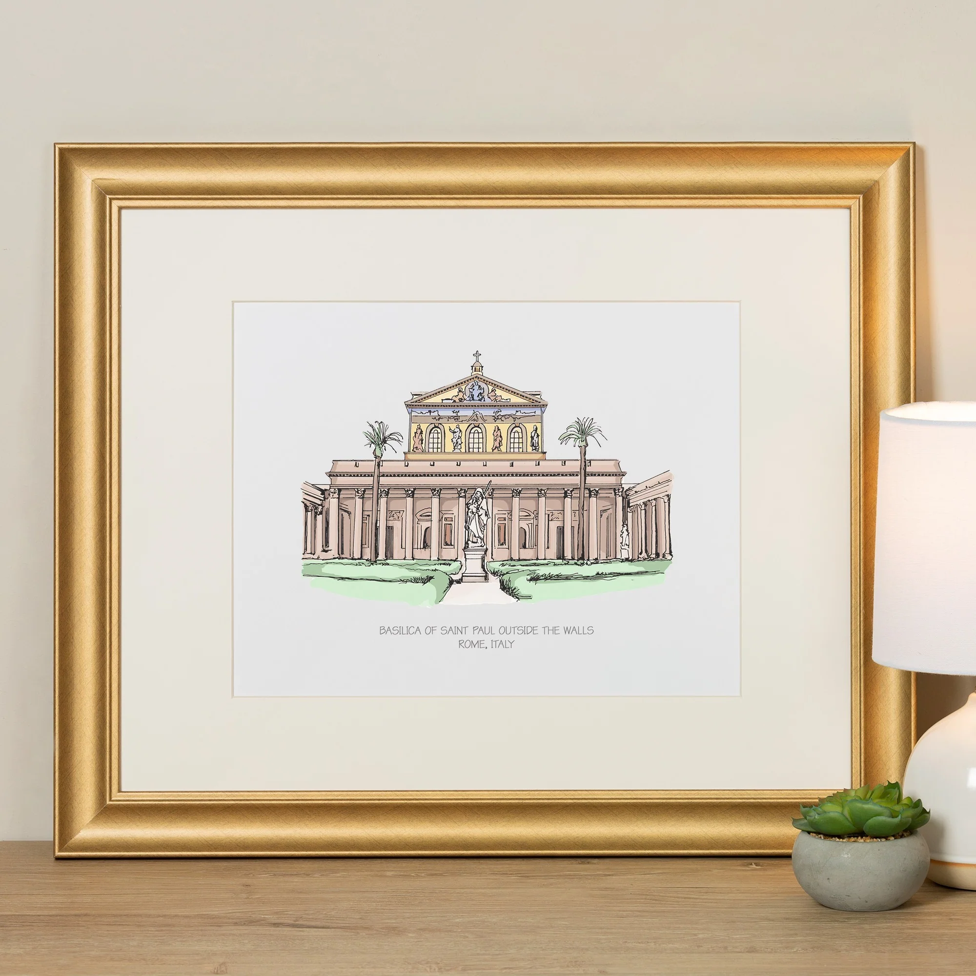 St. Paul Outside the Walls Ink & Watercolor Large Framed Print - Image 3