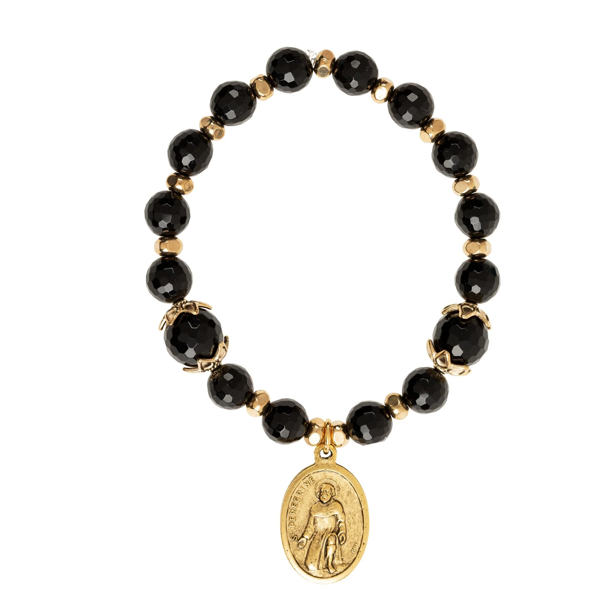 St. Peregrine with Black Onyx Beads Stretch Bracelet