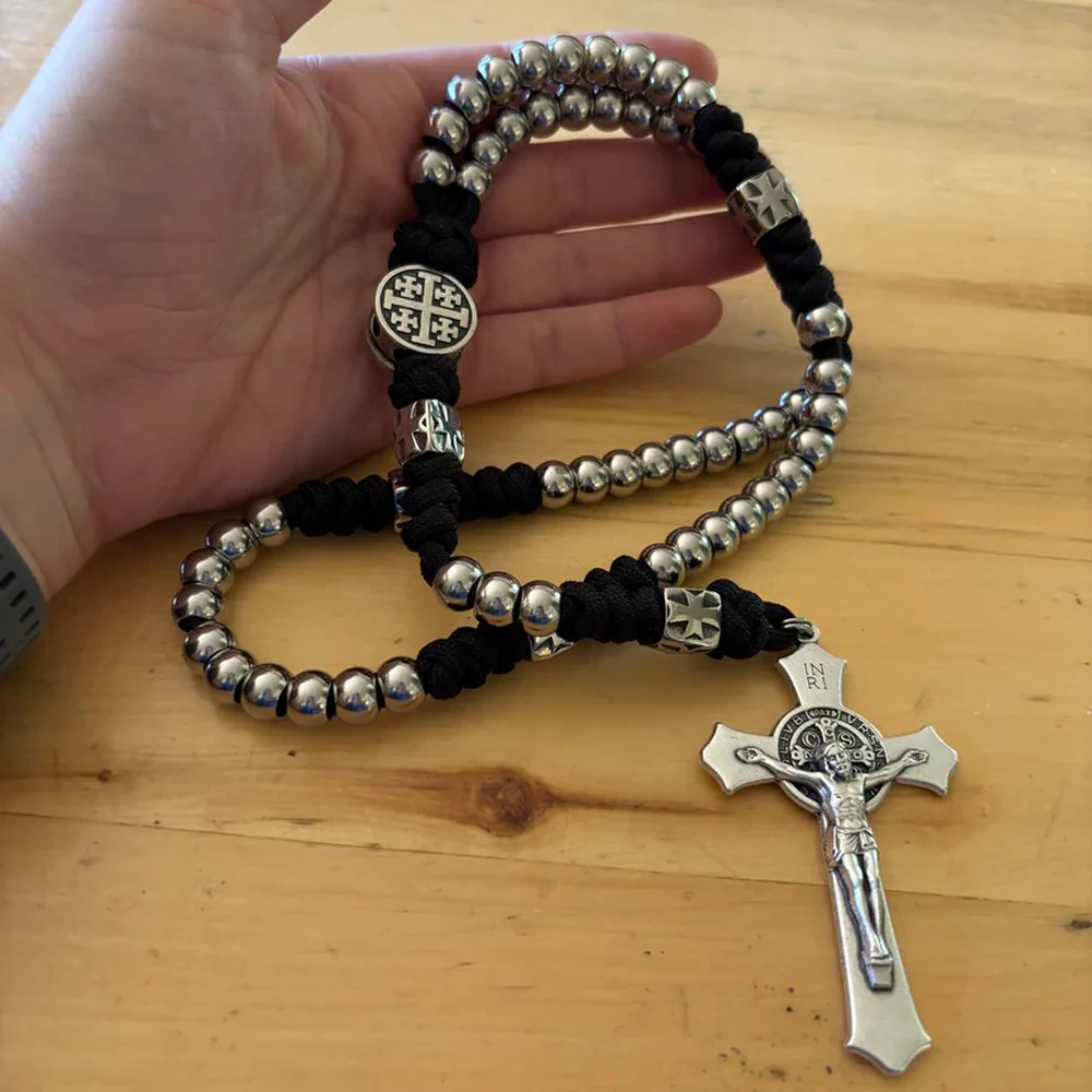 Stainless Steel Jerusalem Cross & St. Benedict Rosary