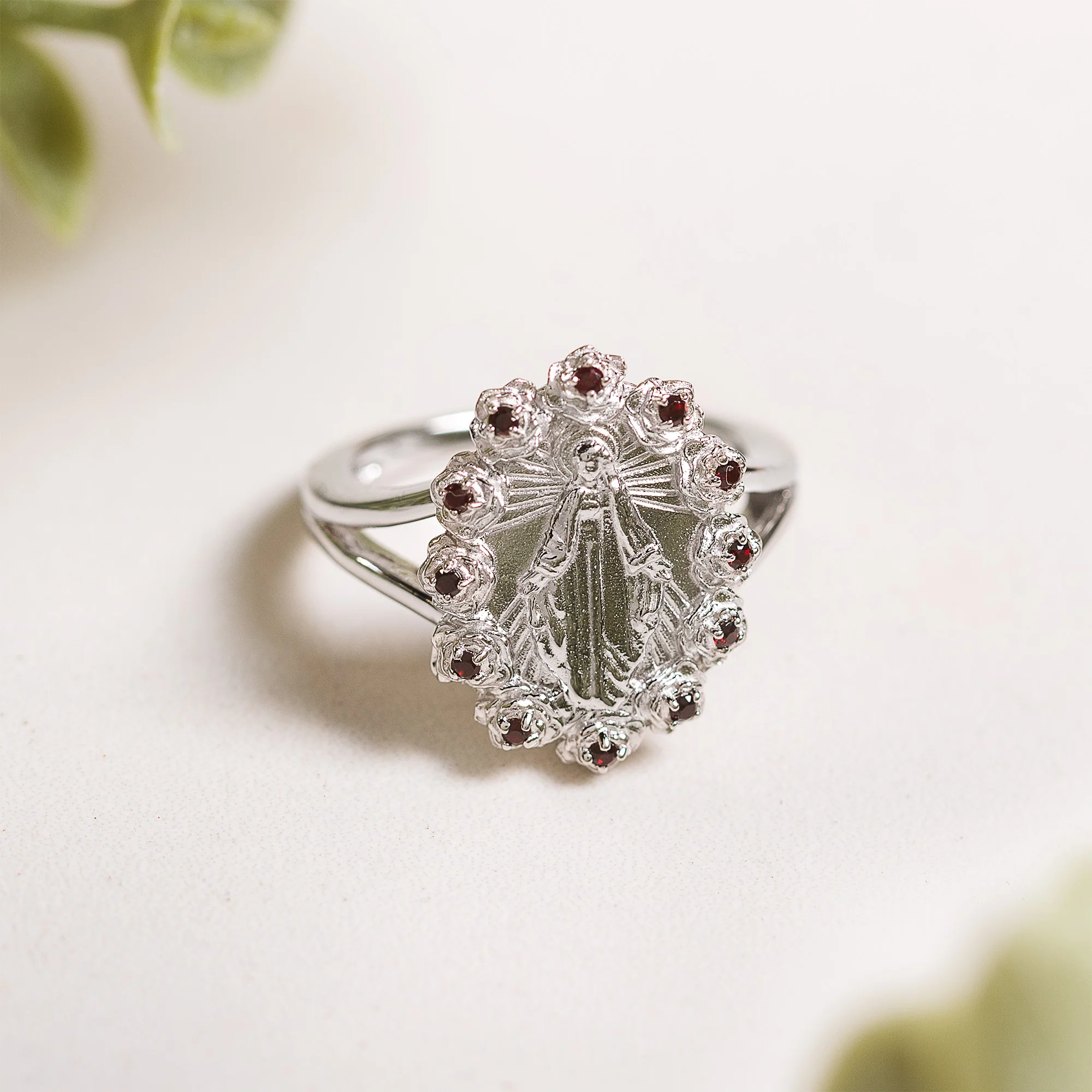 Sterling Silver Miraculous Medal & Rose Halo Ring - Multiple Sizes - Image 2