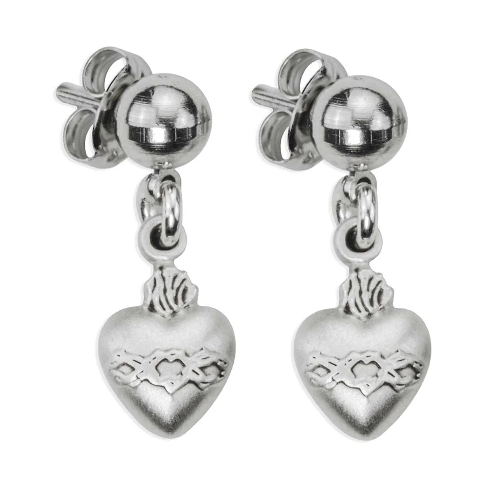 Sterling Silver Sacred Heart Drop Earrings
