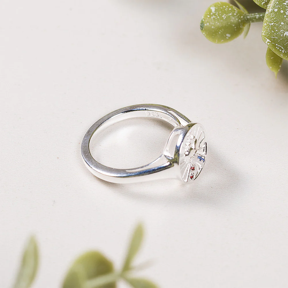 Sterling Silver Sapphire & Garnet Sacred Heart & Divine Mercy Ring - Image 2