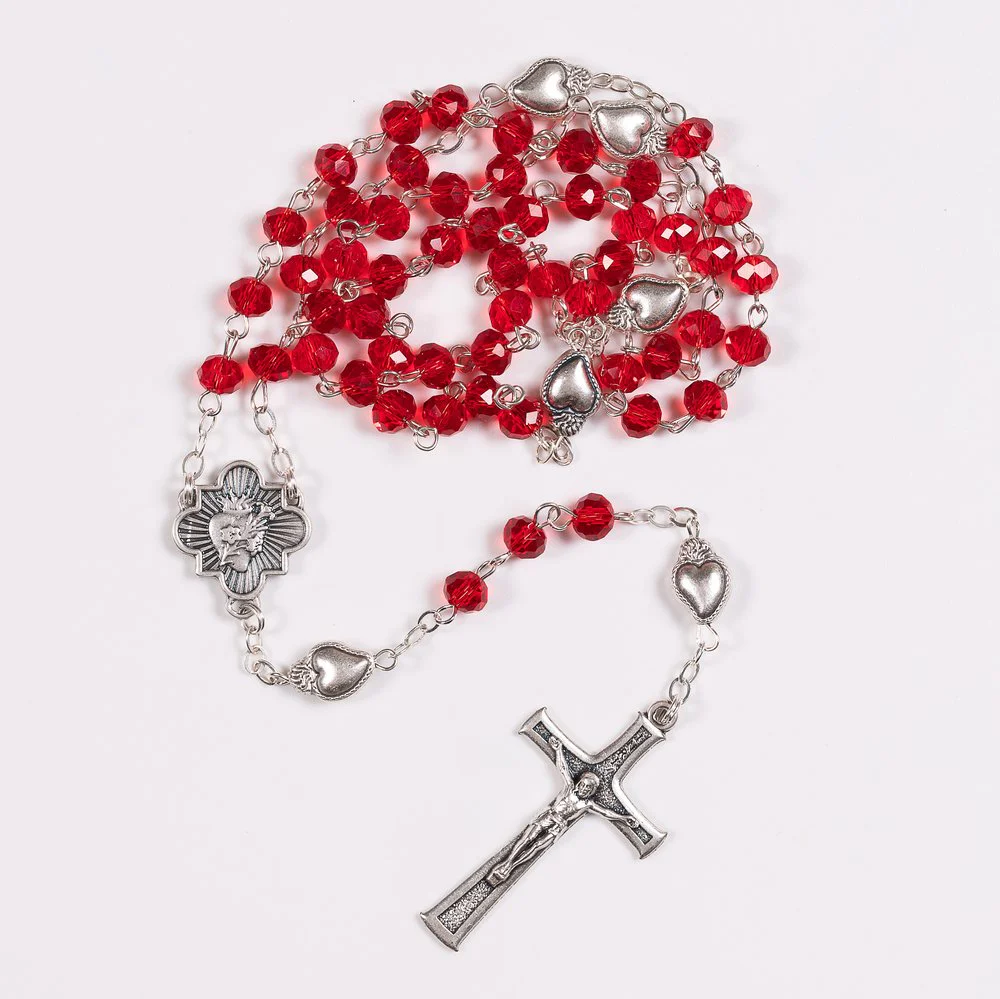 Stylized Sacred Heart Red Crystal Rosary