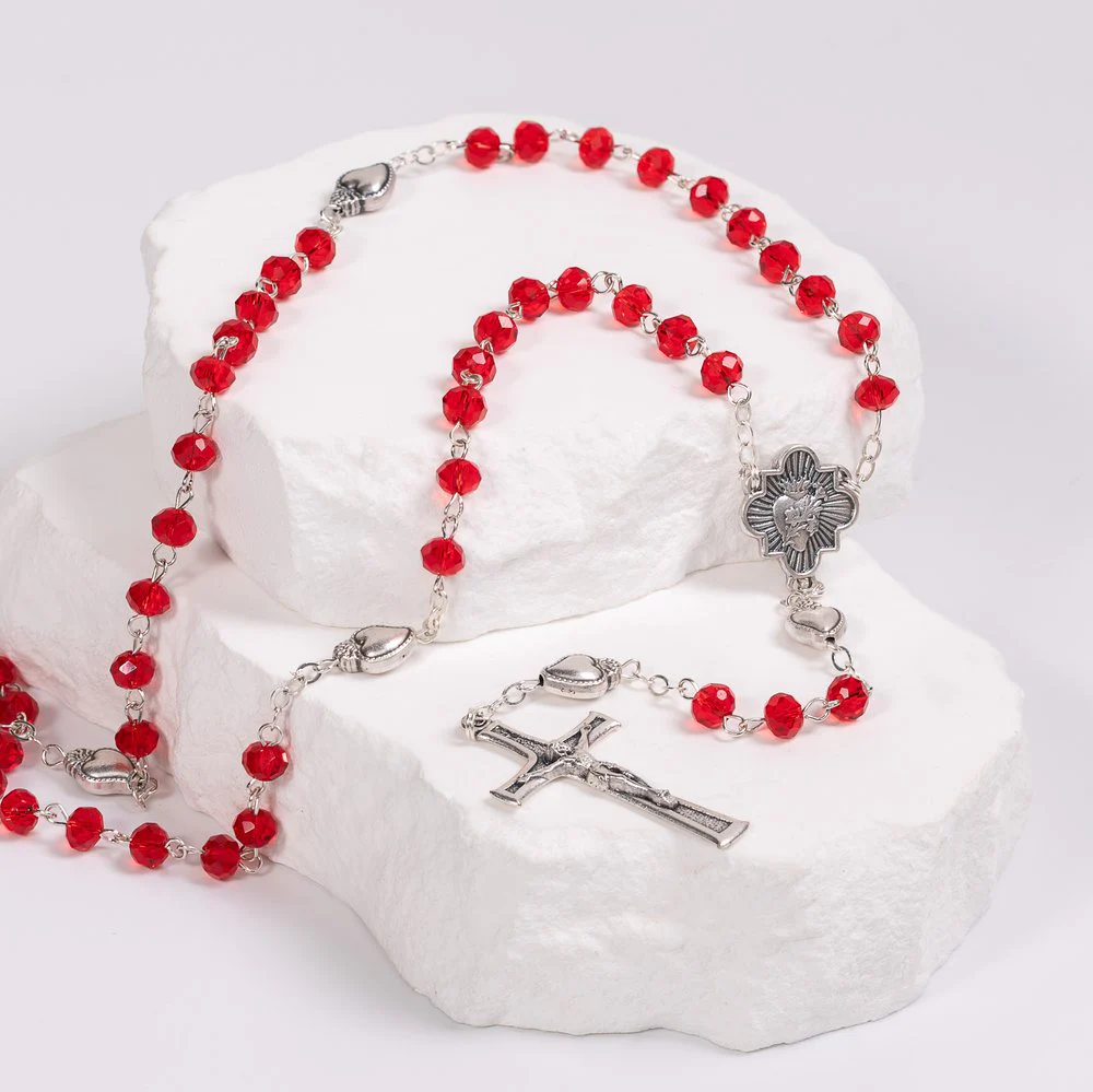 Stylized Sacred Heart Red Crystal Rosary - Image 2