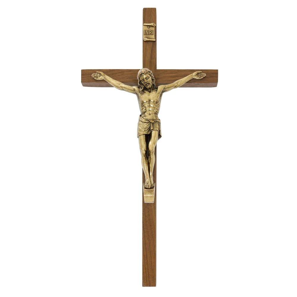 Walnut Wood & Brass Crucifix - 10"