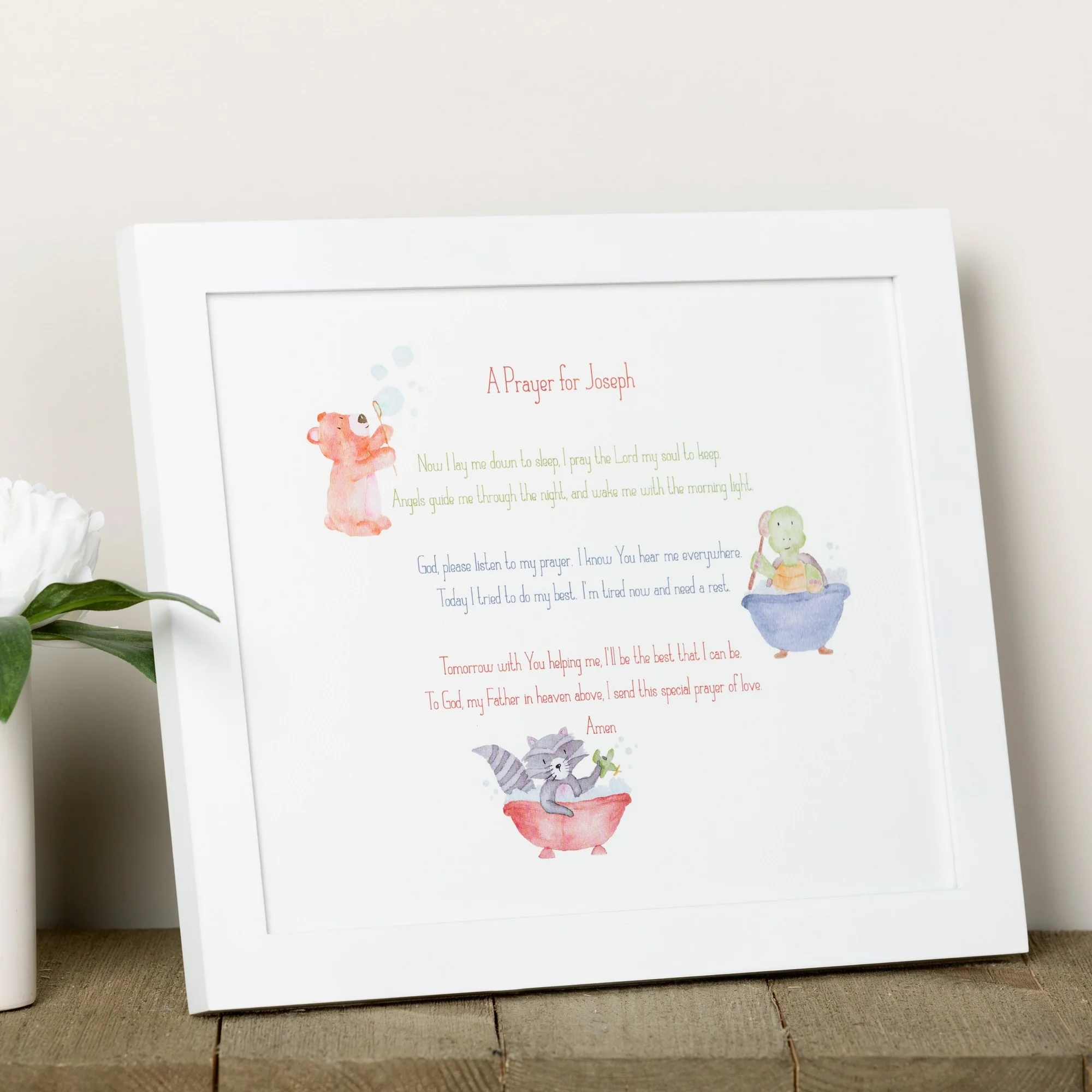 White Framed Goodnight Prayer Boy Art Print