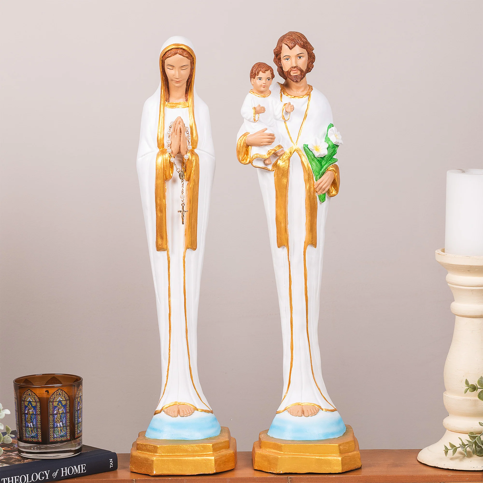 White & Gold Porcelain Holy Family Statue Set - White or Hand Painted - 21"