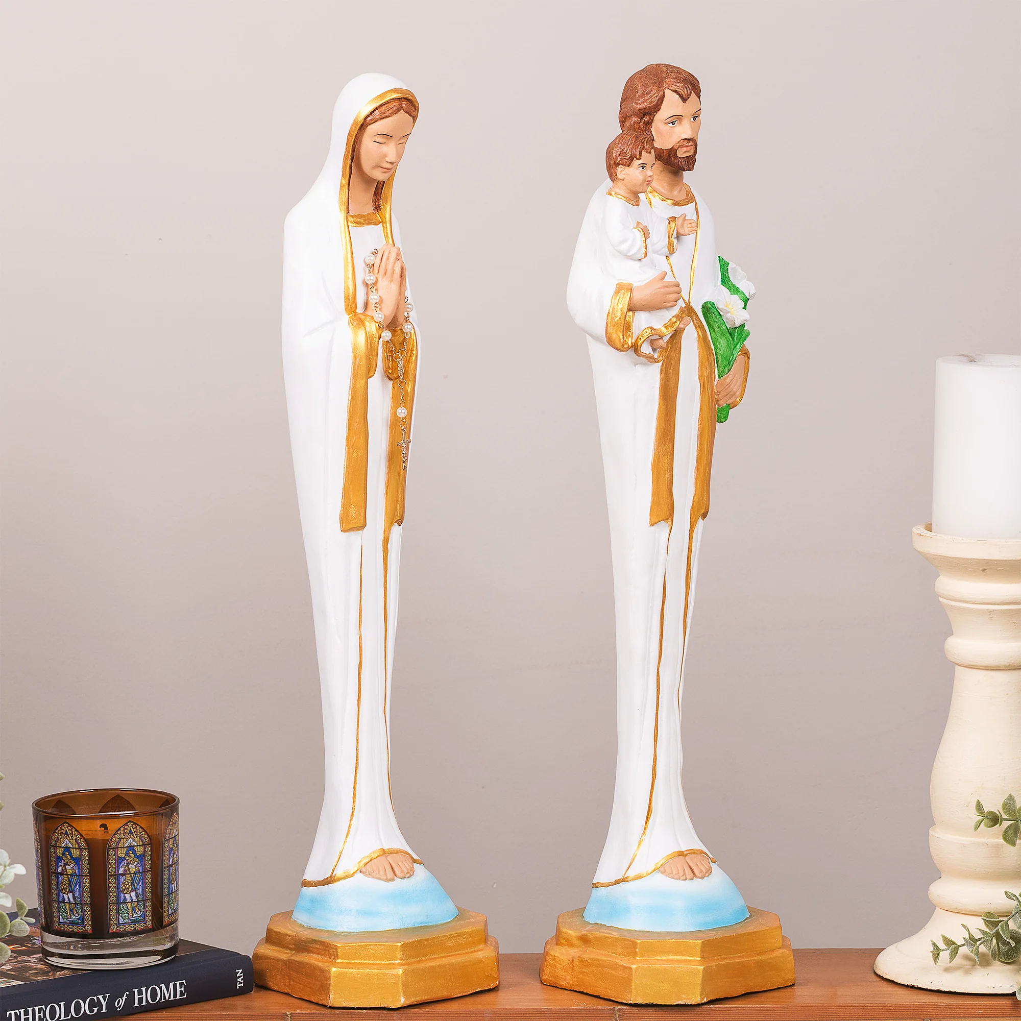 White & Gold Porcelain Holy Family Statue Set - White or Hand Painted - 21" - Image 2