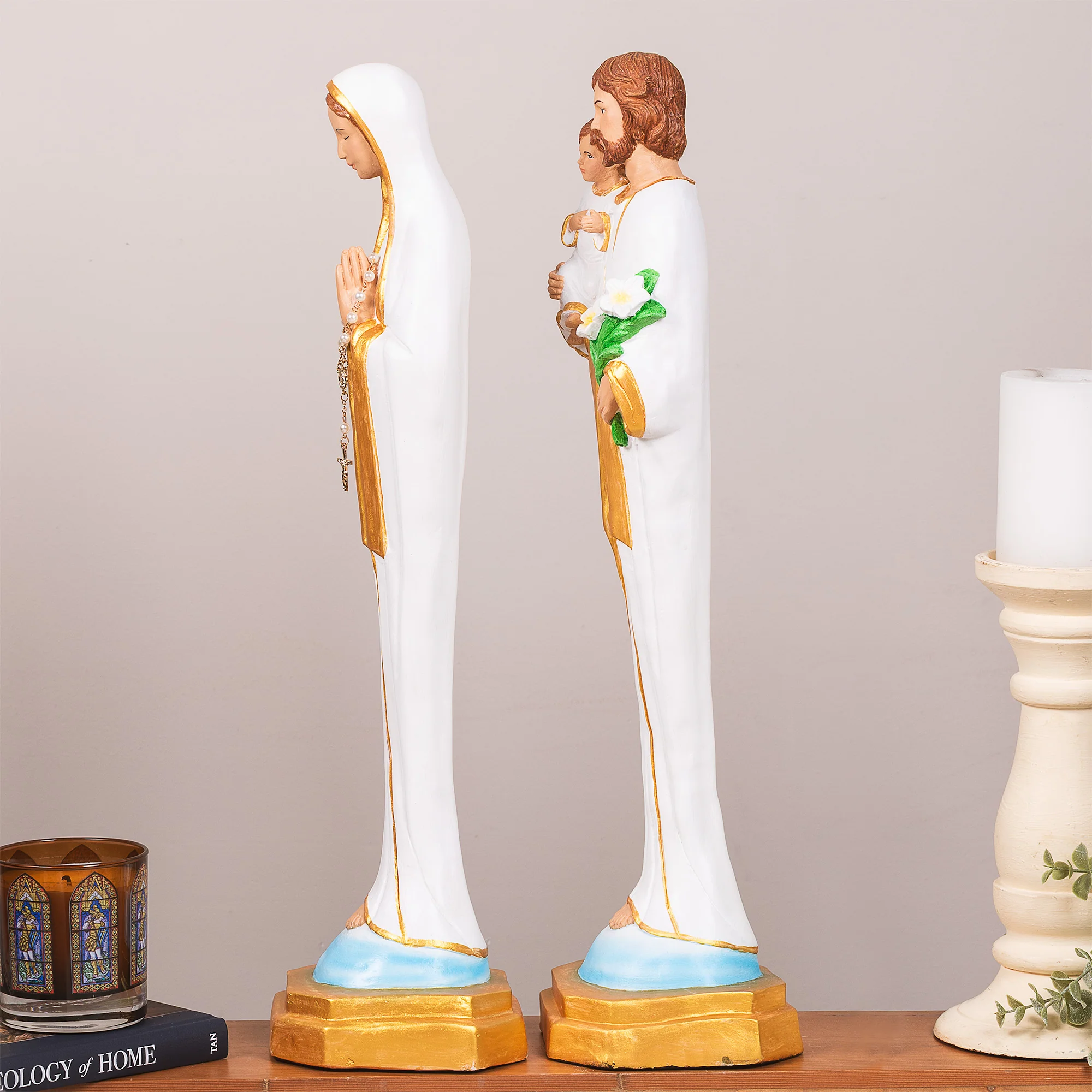 White & Gold Porcelain Holy Family Statue Set - White or Hand Painted - 21" - Image 3